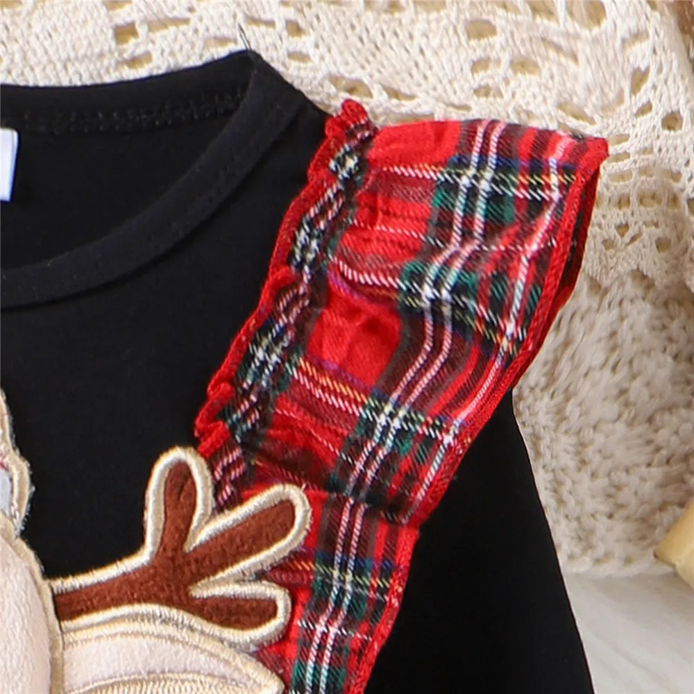 Vestido natalino de rena com laço para a cabeça infantil