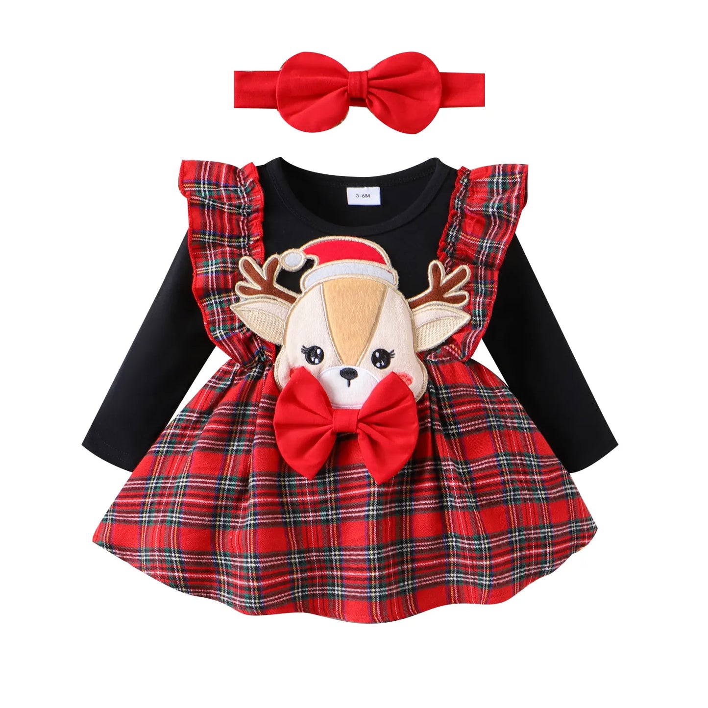 Vestido natalino de rena com laço para a cabeça infantil