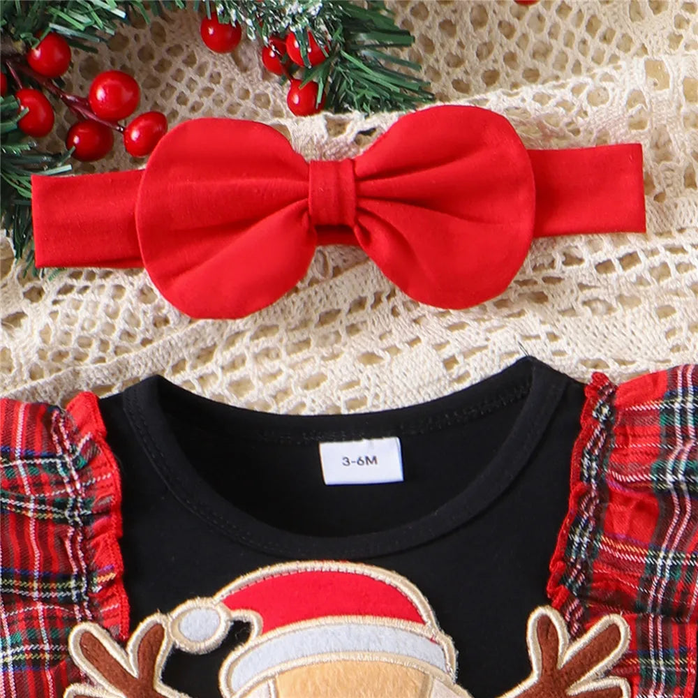 Vestido natalino de rena com laço para a cabeça infantil