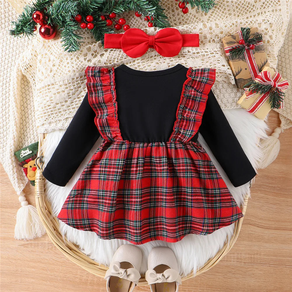 Vestido natalino  de rena com laço para a cabeça infantil