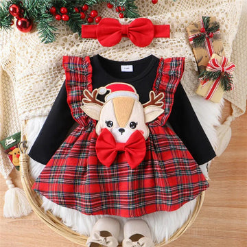 Vestido natalino  de rena com laço para a cabeça infantil