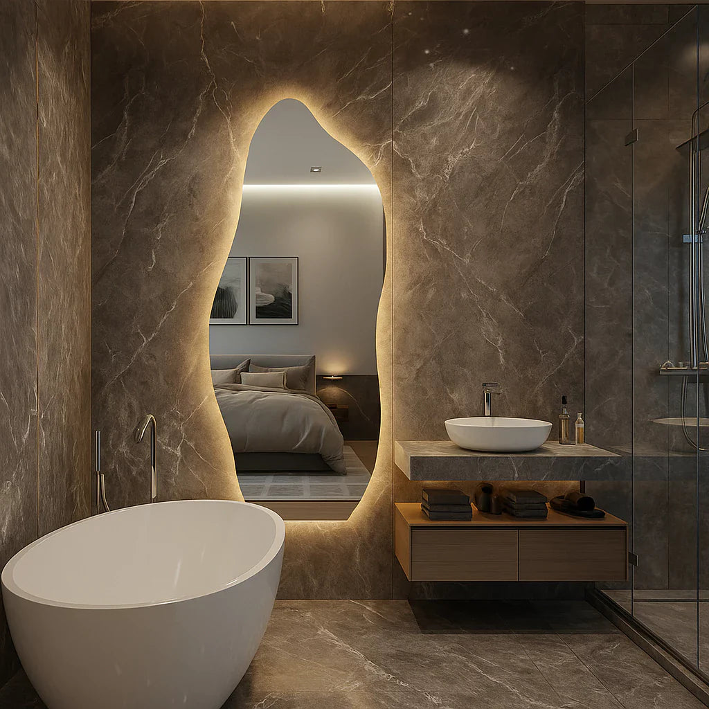 Espelho Orgânico de Chão/Parede Gigante 170x70cm com LED Touch Screen - [Luz Quente/Fria]