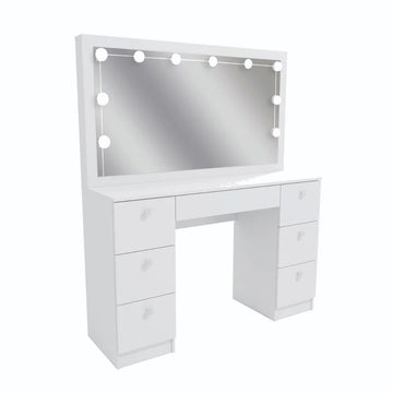 Penteadeira Camarim 7 Gavetas com Espelho e Kit LED Profissional - 100% MDF Branco [Iluminação 3 Tons]