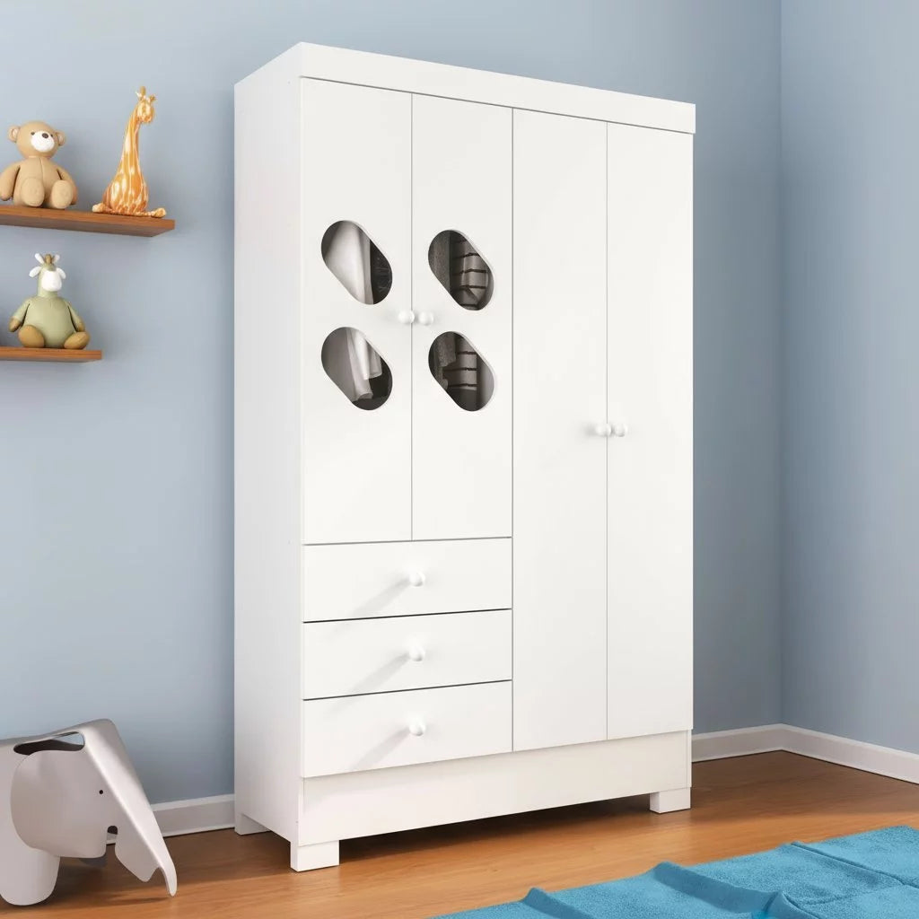 Guarda Roupa Infantil 4 Portas e 3 Gavetas Luiza Branco