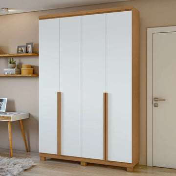 Guarda Roupa Solteiro 4 Portas 2 Gavetas Alonzo 100% MDF Amêndoa Clean/Branco