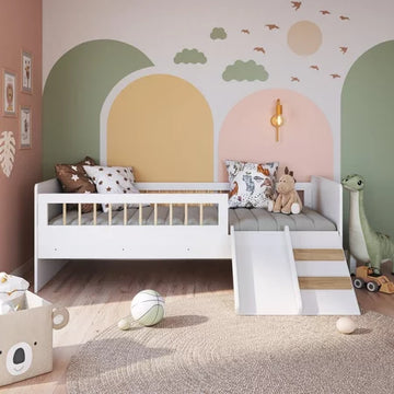 Cama Montessoriana de Solteiro com Escada e Escorrega Affetto Branco